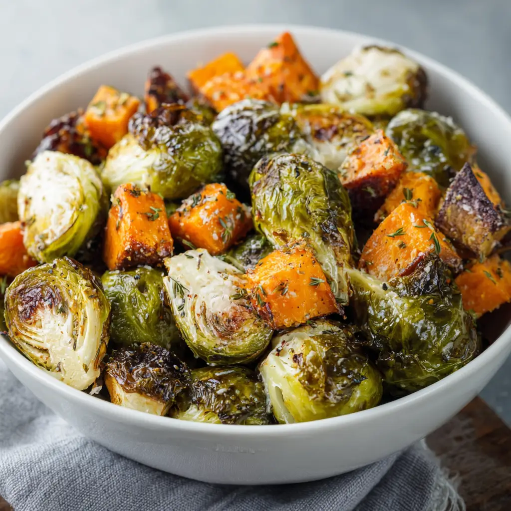 Roasted Brussels Sprouts and Sweet Potatoes
