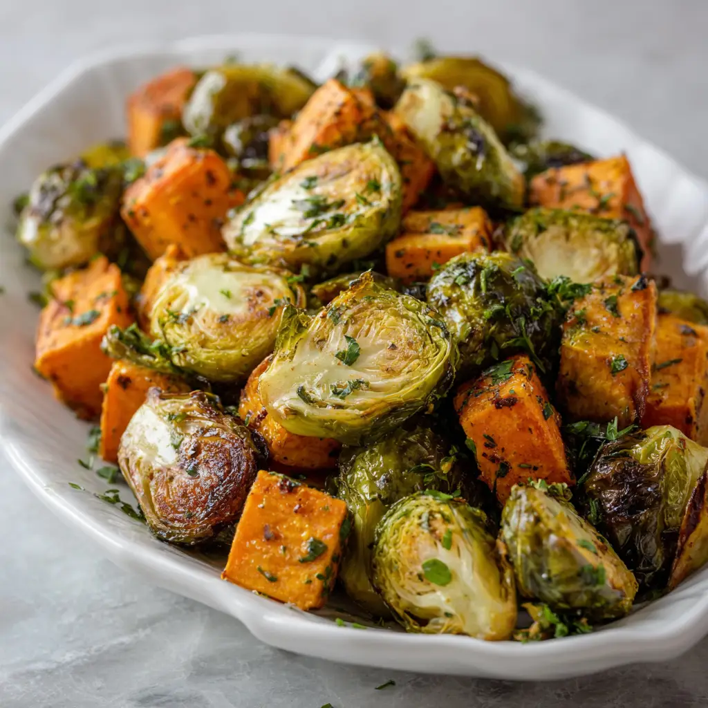 Roasted Brussels Sprouts and Sweet Potatoes