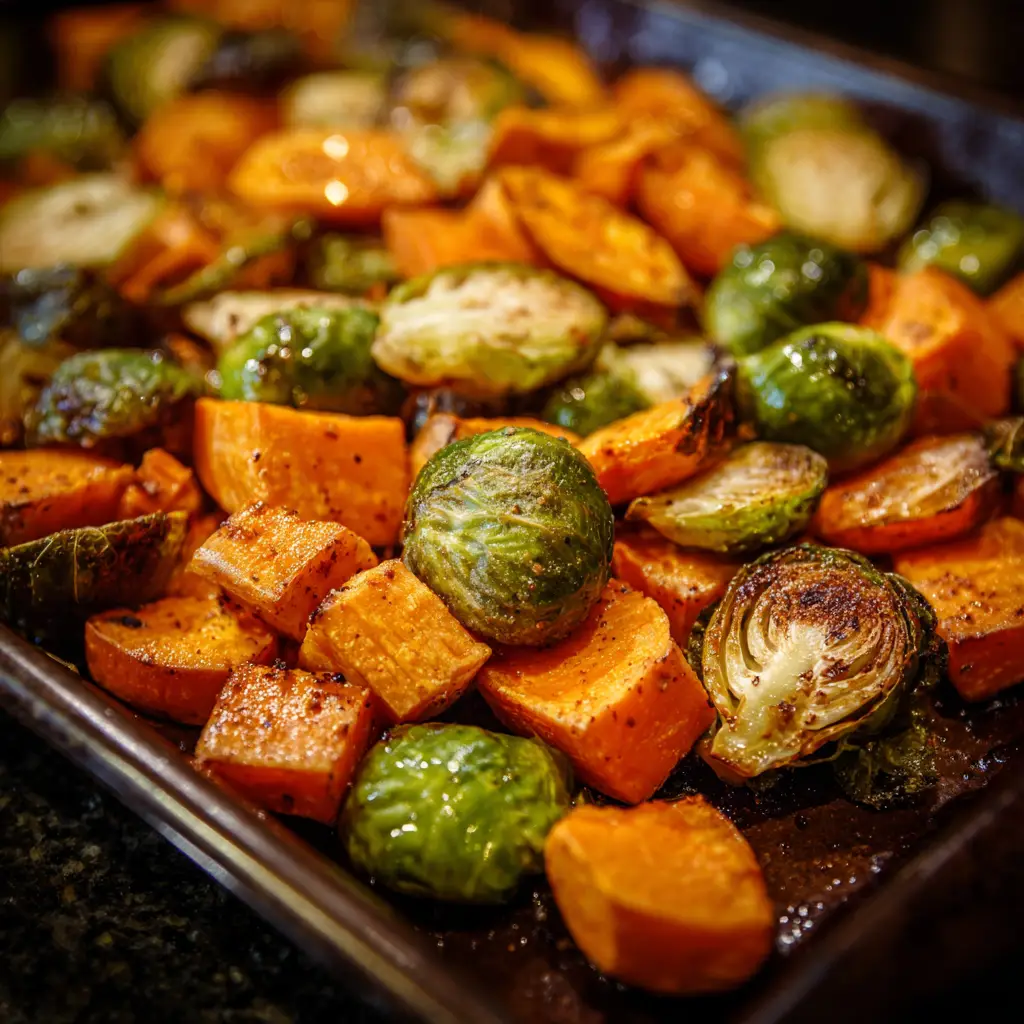 roasted sweet potatoes and brussel
