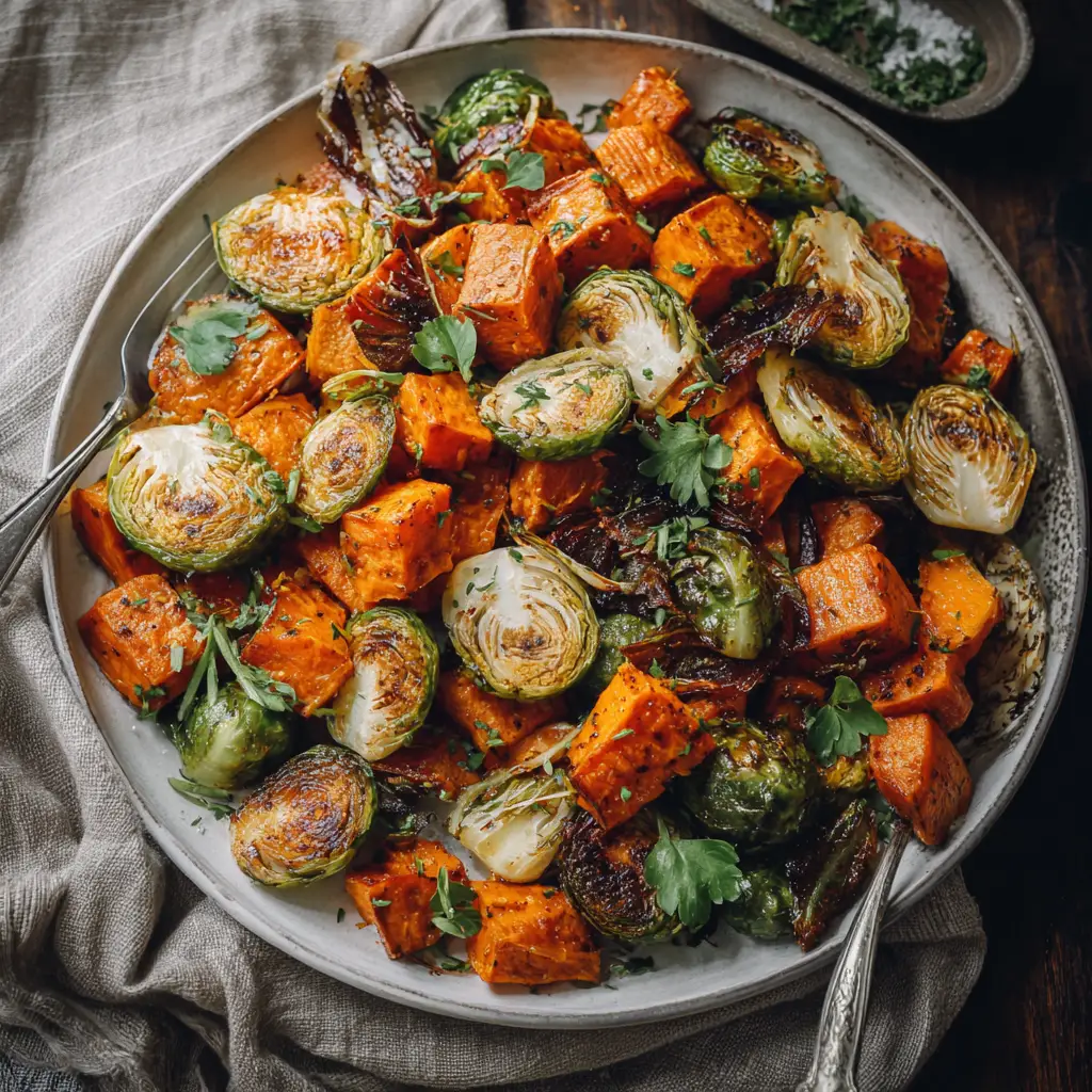 roasted sweet potatoes and brussel