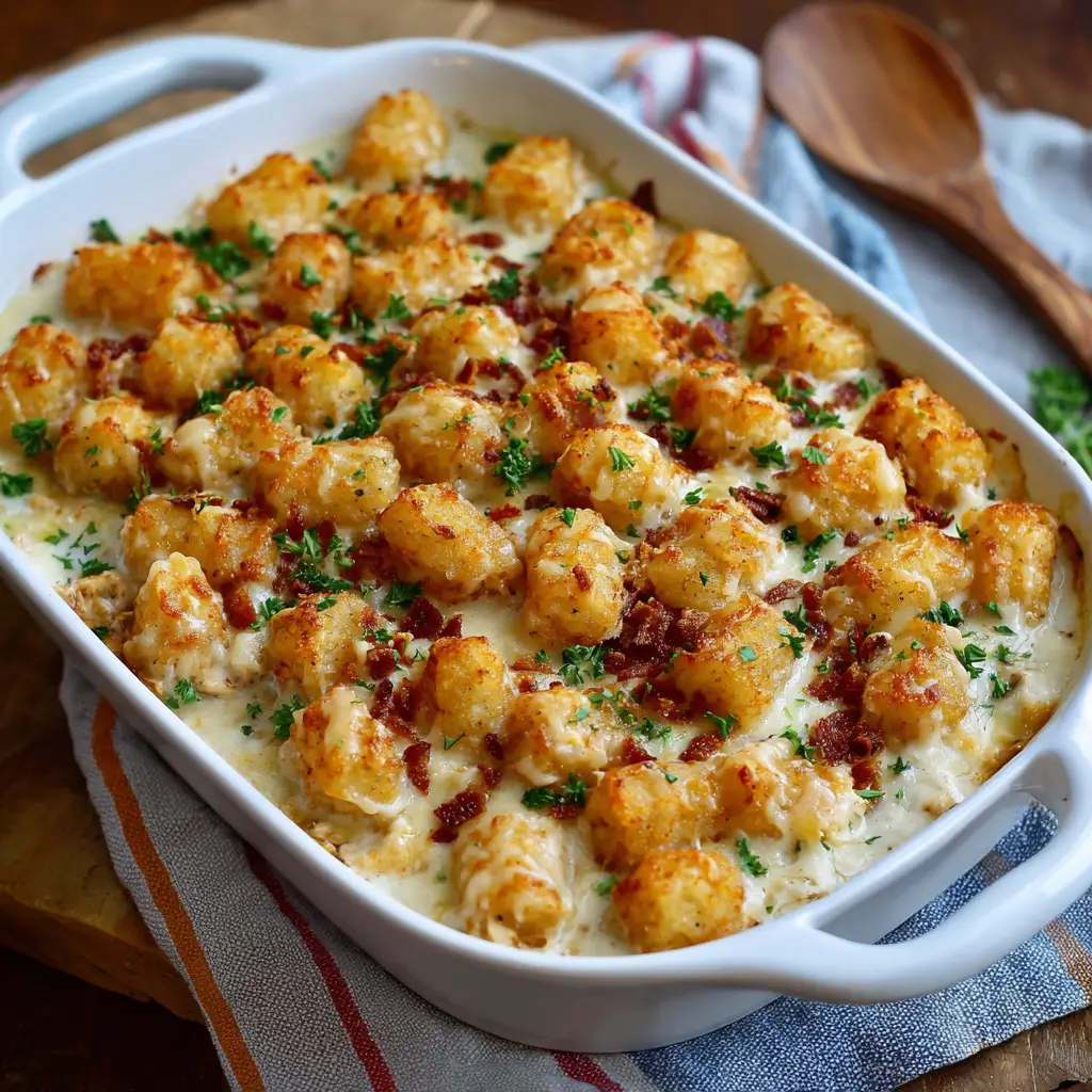 Chicken Alfredo Tater Tot Casserole