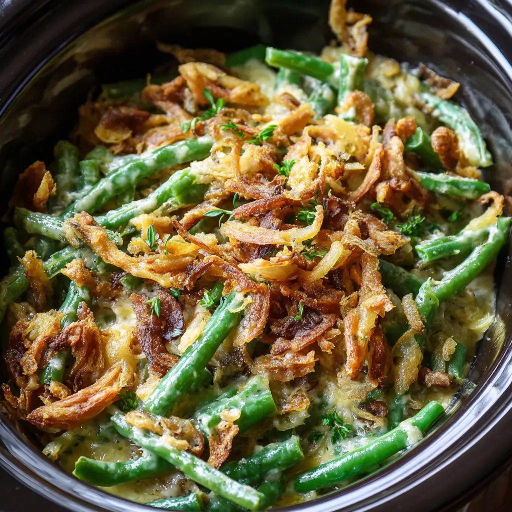 green bean casserole in crockpot