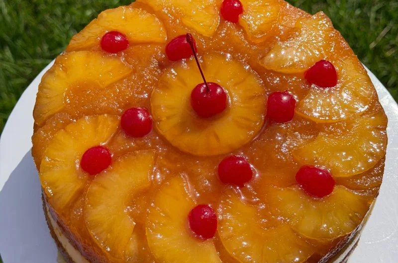 Easy Pineapple Upside Down Cake with a Golden Caramel Topping